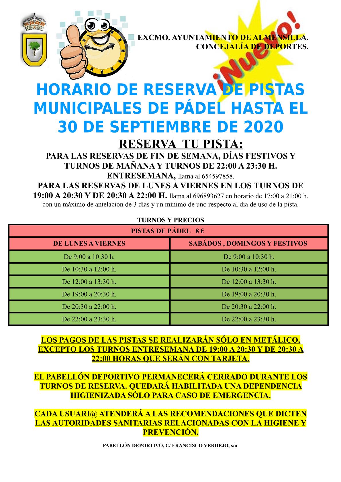 2º HORARIOS RESERVA PISTAS PADEL HASTA EL 30 DE SEPTIEMBRE