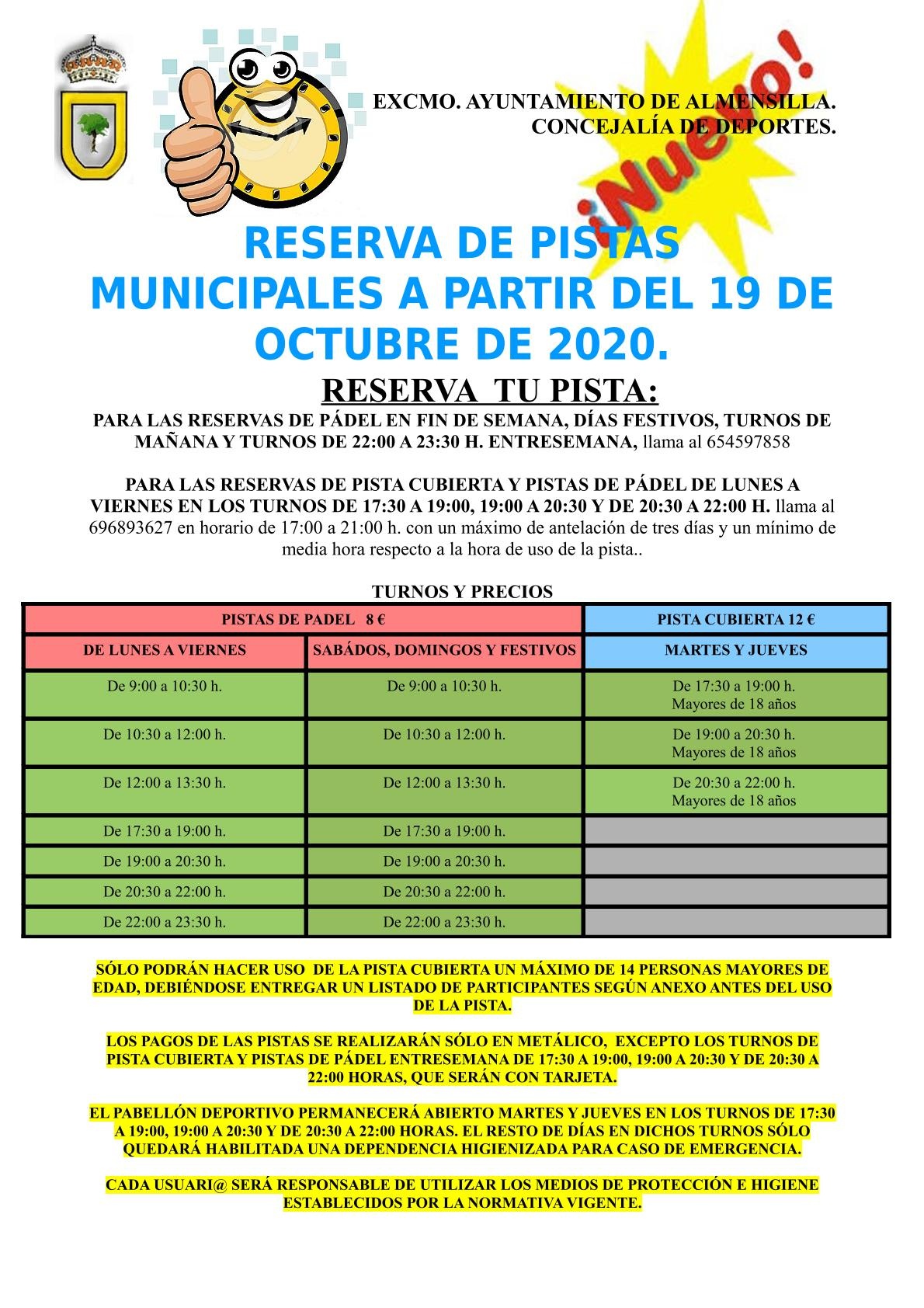 Horarios reserva pistas a partir del 19 oct 2020