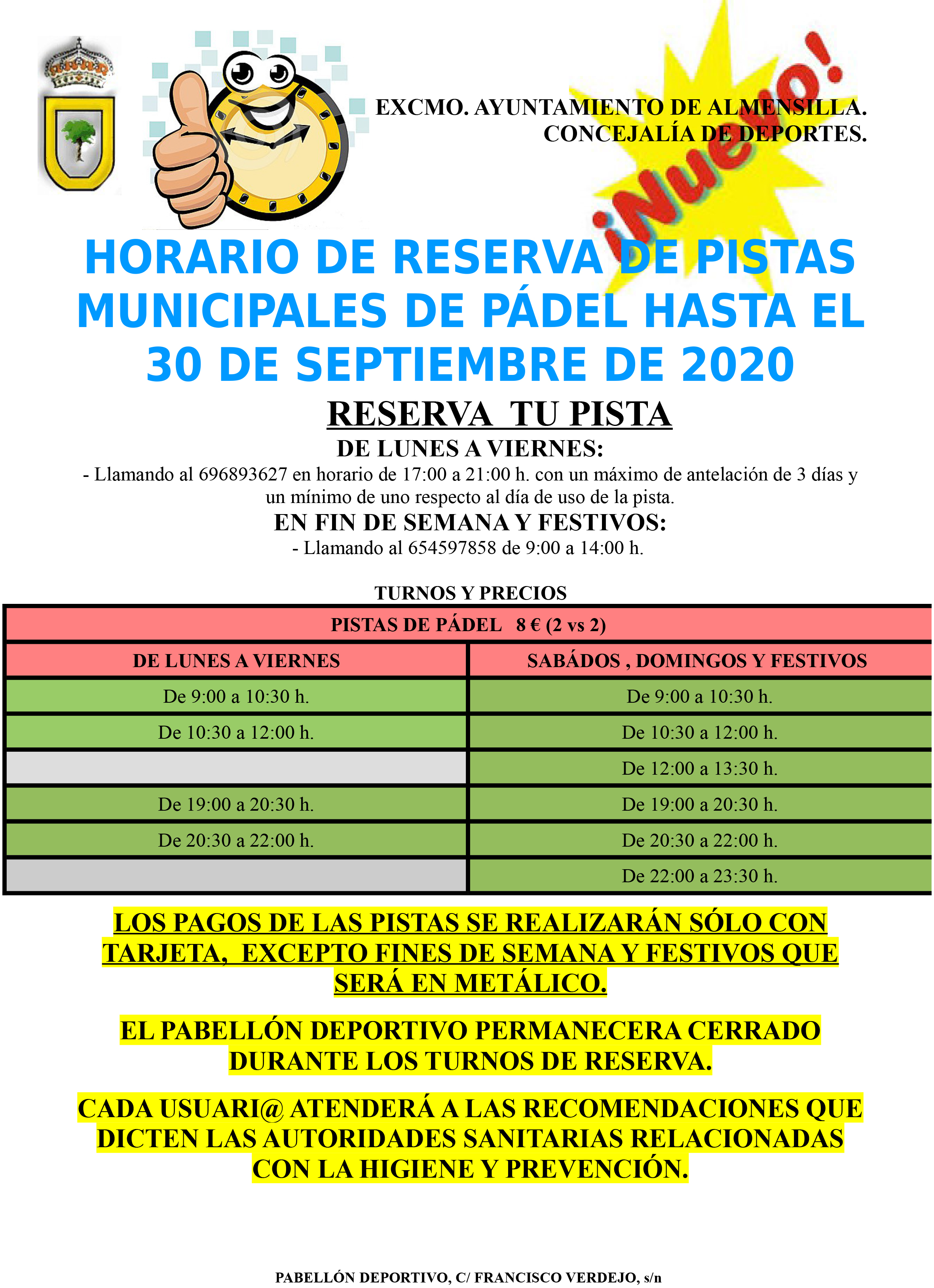 Horarios reserva pistas de pádel en confinamiento