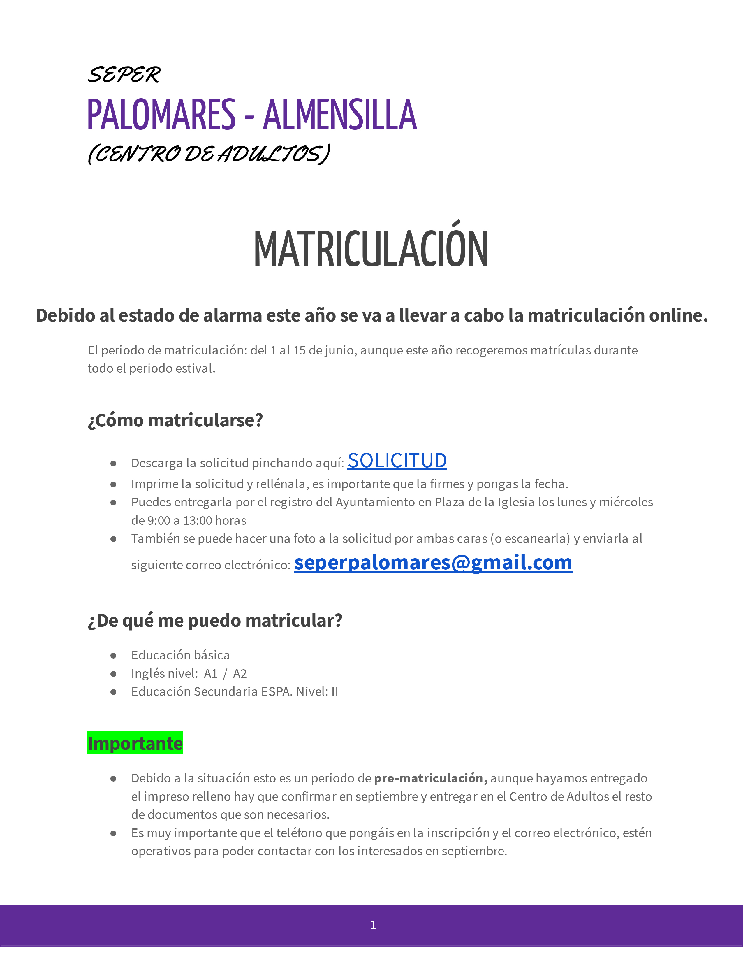 Matriculación en Centro Adultos Almensilla
